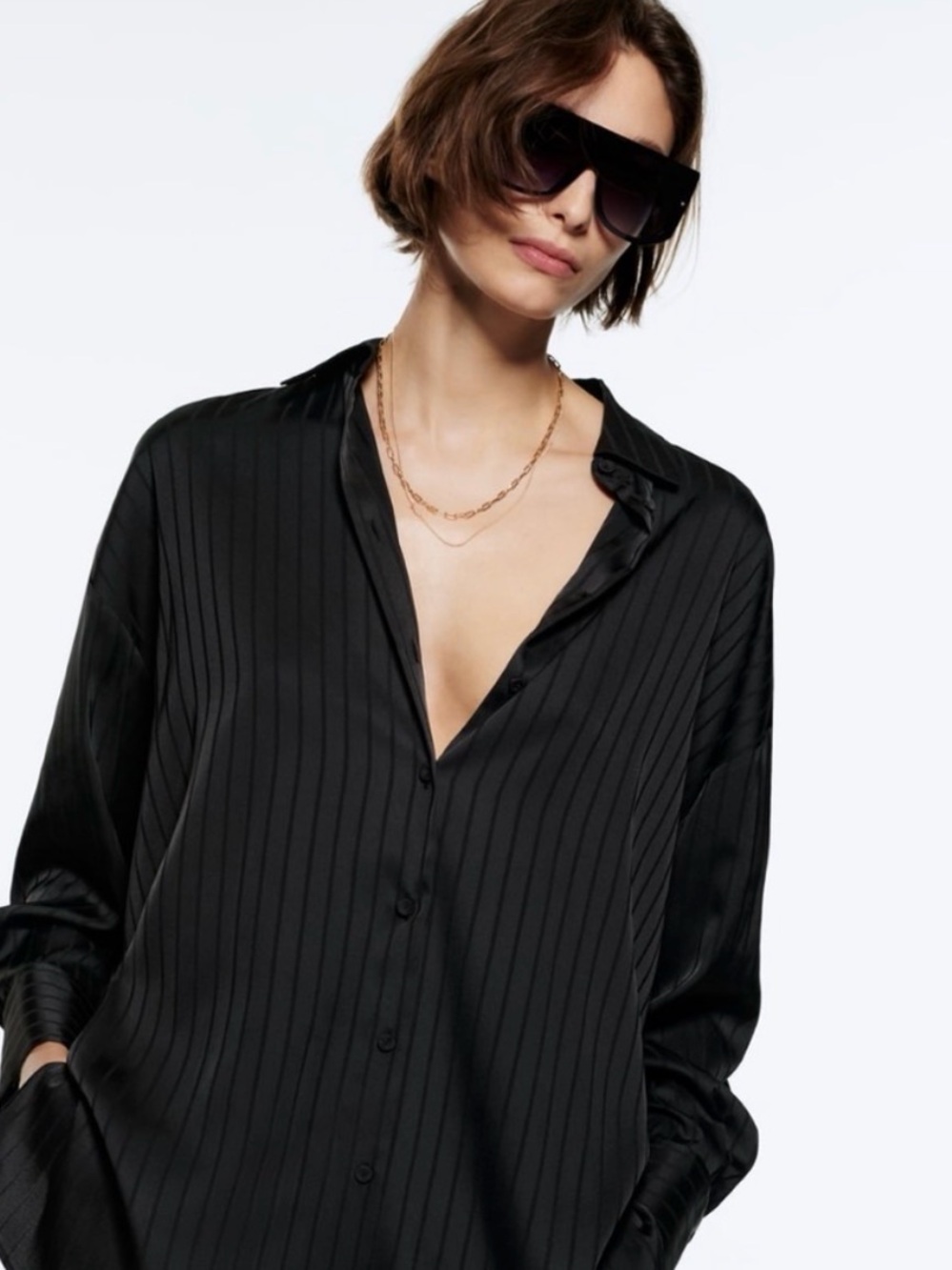 Zara Women’s Oversized Silky Black Stripe Button-Down Shirt
